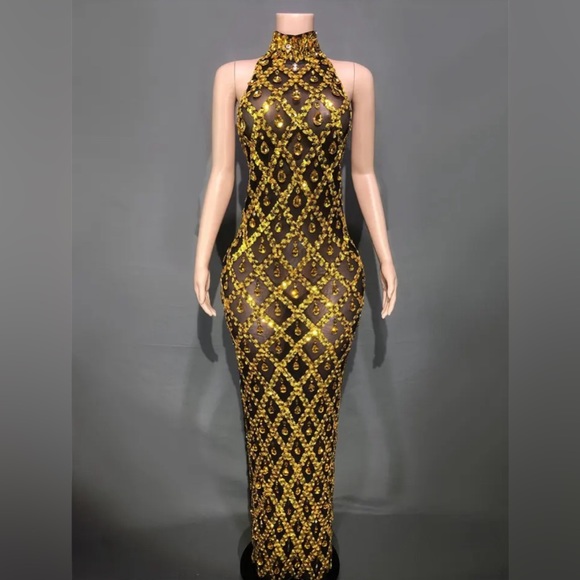 Sparkly Rhinestones Sleeveless Long Dress Elegant Dark Mesh Celebrate Evening - Picture 1 of 2